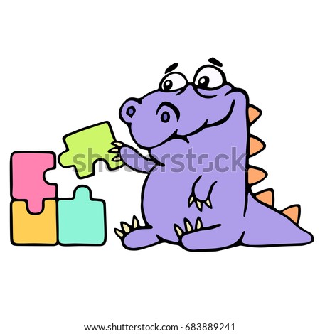 Cartoon purple croc playing with a puzzles. Vector illustration. Digital drawing cute character.