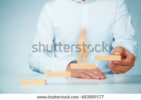 Personal development, personal and career growth, progress and potential concepts. Coach (human resources officer, manager, mentor) motivate employee to growth. Royalty-Free Stock Photo #683889577