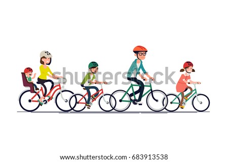 Flat design vector concept on family recreation and activities. Large family riding bikes. Father, siblings, mother with toddler riding bicycles. Parents with their kids enjoying free time together