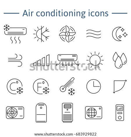 Set of air conditioning vector icons for your design. Air conditioner and air compressor images. Collection of linear colling icons. Thin icons for print, web, mobile apps design. Editable stroke. Royalty-Free Stock Photo #683929822