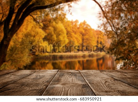 Autumn background, close up of old empty wooden table over the lake with copy space