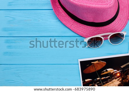 Woven pink hat, glasses, picture. Summer beach accessories for women.