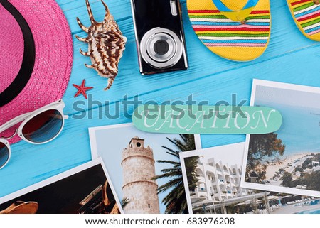 Summer resort accessories and photos. Time to choose place for vacation.