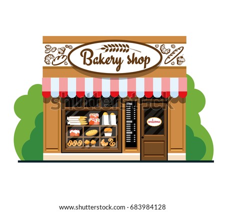 Bakery shop. Bakery shop in flat style. The facade of a bakery shop. The facade of a bakery shop in flat style. Vector illustration Eps10 file Royalty-Free Stock Photo #683984128