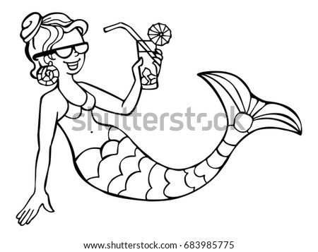 Funny mermaid is holding a glass of cocktail in her hand. Cartoon drawing. Raster clip art.
