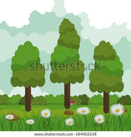 colorful background of field with daisy flowers and forest landscape