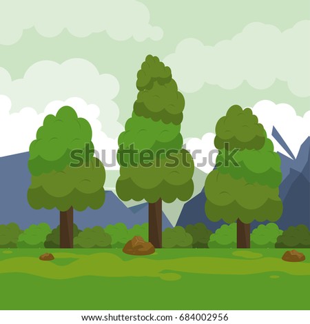 colorful background with rural landscape with mountains and trees