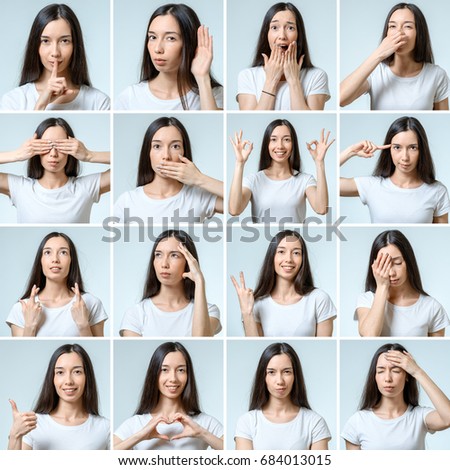 Collage of beautiful girl with different facial expressions isolated