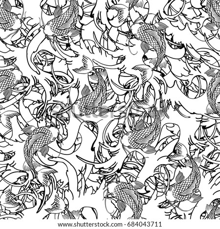 Realistic detailed hand drawn seamless pattern with  koi carps on background of water waves. Monochrome graphic traditional tattoo style image. Can be used as textile or paper print.