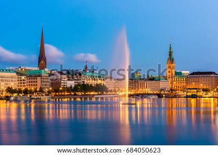 Hamburg Germany Skyline at dusk Royalty-Free Stock Photo #684050623