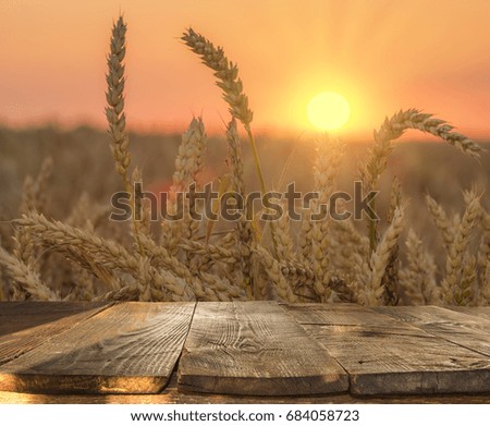 wooden table in the background mature wheat ears in the light of the setting sun