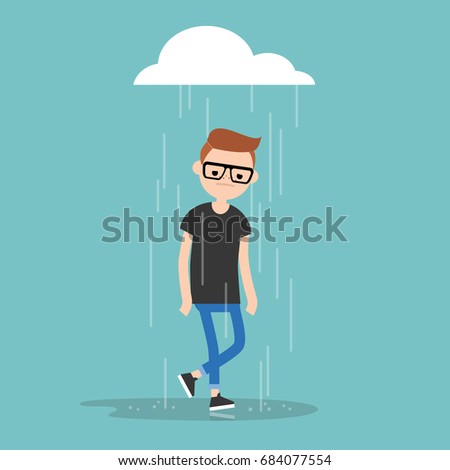 Young character weeping in the rain / flat editable vector illustration, clip art