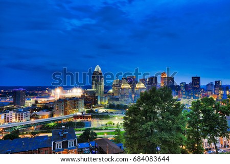Downtown Cincinnati, Ohio looking southwest toward the Ohio River and Kentucky