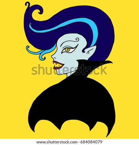 Vampire girl, isolated.Cartoon, fantasy face of a bloodsucker with fangs,halloween illustration.Vector hand drawn.Color page for adults and children. Book, textile, print, poster, design, sticker, car