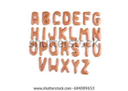 Chocolate cookies alphabet on white background