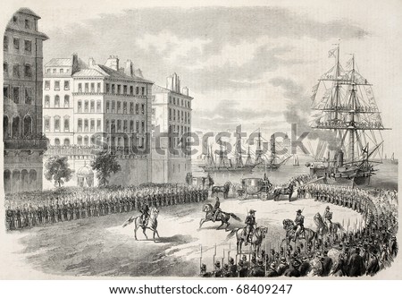 Antique illustration of Russian dowager Empress landing in Marseilles. Original, from a design of Durand, after sketch of Crapelet, was published on L'Illustration, Journal Universel, Paris, 1860