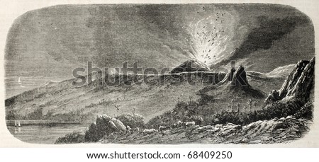 Antique illustration of volcano eruption on La Reunion island. Original engraving, drom drawing of Anastasi, after sketch of Roussin, was published on L'Illustration, Journal Universel, Paris, 1860