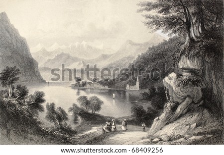 Antique illustration of Lake Lugano, on the border between Italy and Switzerland. Original, created by Major Irton and T. A. Prior, was published in Florence, Italy, 1842, Luigi Bardi ed.