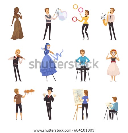 Street artists isolated cartoon icons with mime busker juggler painter musician illusionist colored figurines flat vector illustration  