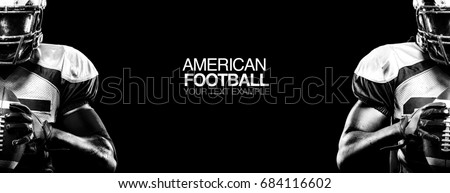 Sport betting concept. American football sportsman player on black background with copy space. Design for a bookmaker. Download horizontal banner for sports website or mobile application Royalty-Free Stock Photo #684116602