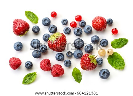 various fresh berries isolated on white background, top view Royalty-Free Stock Photo #684121381