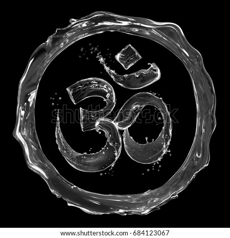 Hindu sign Om made of water splashes on black background