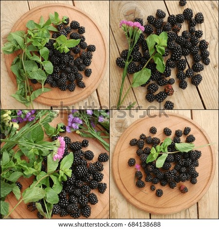 Blackberry, mint leaves and flowers.
On a wooden brown background.
collage