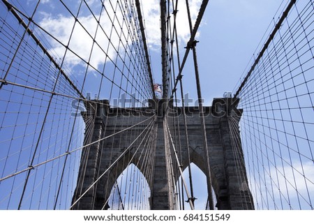 Upward image of Brooklyn Bridge in New York. Blue sky

