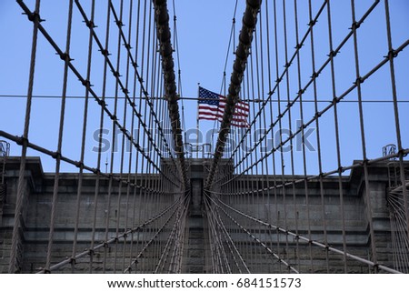 Upward image of Brooklyn Bridge in New York.