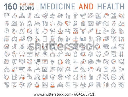 Set vector line icons, sign and symbols in flat design medicine and health with elements for mobile concepts and web apps. Collection modern infographic logo and pictogram. Royalty-Free Stock Photo #684163711