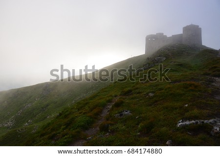 mountain landscape, old abandoned observatory on mount Pip Ivan in Carpathian mountains, Ukraine
