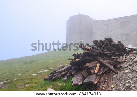 mountain landscape, old abandoned observatory on mount Pip Ivan in Carpathian mountains, Ukraine