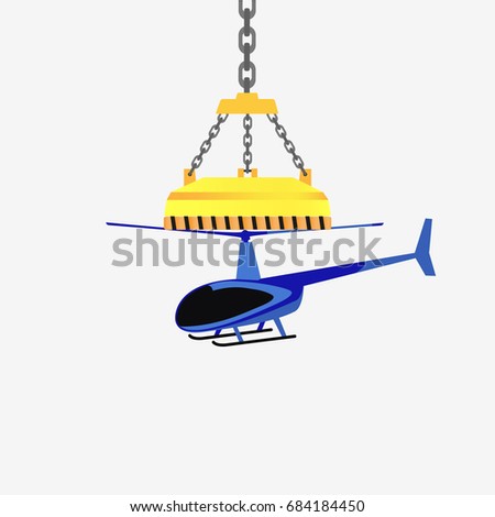 Helicopter hanging on magnet. Flat vector stock illustration.