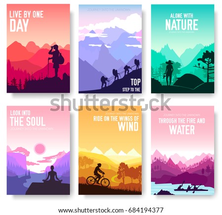 Sport rest day vector brochure cards set.  Tourism on nature template of flyear, magazines, poster, book cover, banners. Active lifestyle invitation concept background. Layout illustration modern page