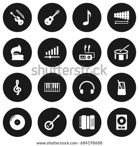 Set Of 16 Melody Icons Set.Collection Of Retro Disc, Knob, Tone Symbol And Other Elements.