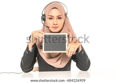 Hijab woman hold black board with education concept.