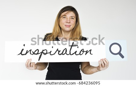 Woman holding banner photoshooting for photograph