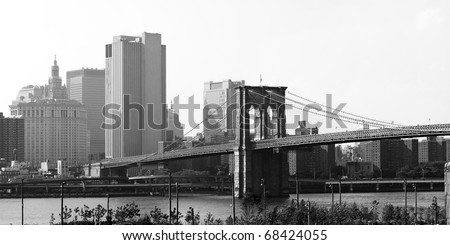 A wide angle panoramic view of the New York City skyline including the Brooklyn bridge and the Manhattan skyline.