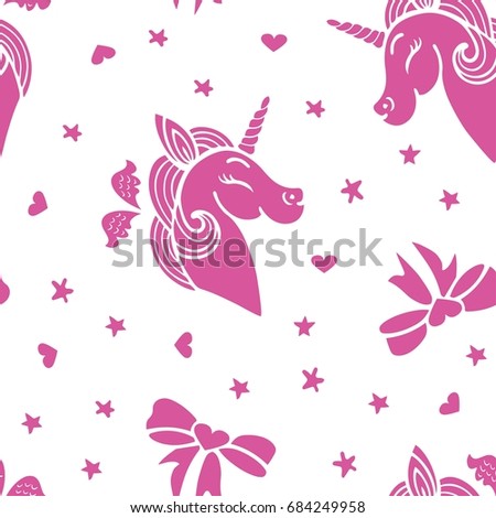 Cute seamless pattern with pink smiling unicorn, wings, ribbons and stars. Vector.