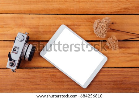 Creative flat lay photo of workspace desk with tablet blank 