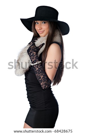Beautiful Sophisticated Chanel Girl with Uncropped Hat on White