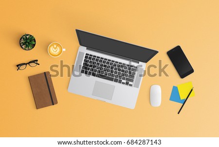 Modern workspace with coffee cup, notebook, smartphone and laptop copy space on orange color background. Top view. Flat lay style.
