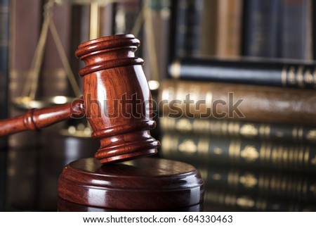 Gavel, books, scales. Law concept. Place for text.