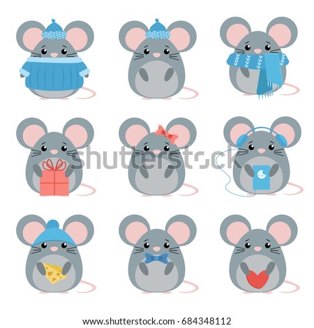 Vector set mouse in warm clothes with different subjects: cheese, hat, scarf, gift, heart, bow. Cartoon cute illustration