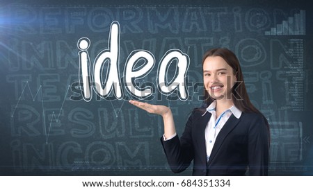 Beauty businesswoman on painted background with marketing words. Advertising, investment and business plan concept