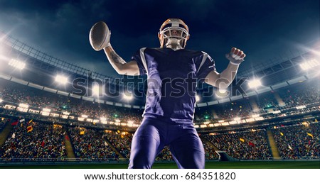 Photo of an American football player is cheering on a professional sports stadium. The stadium is made in 3D.

