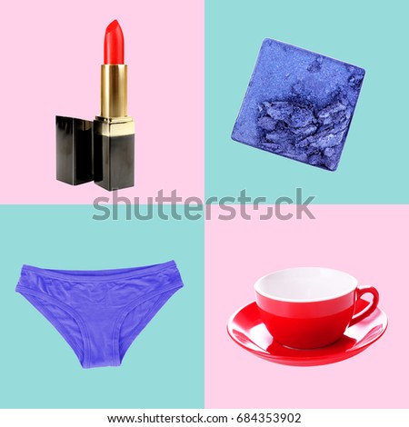Collage of cosmetic, cup and panties on colorful background