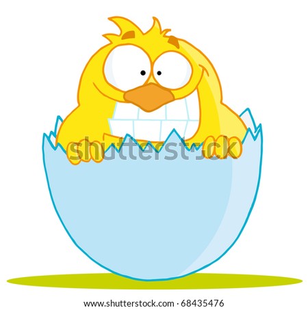 Yellow Chick With A Big Toothy Grin, Peeking Out Of An Egg Shell #