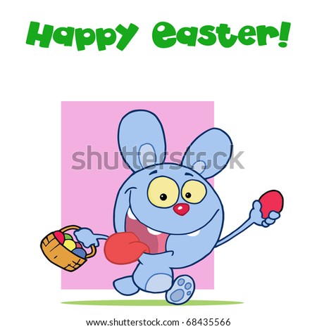 Happy Easter Greeting Above A Blue Rabbit Running With Eggs