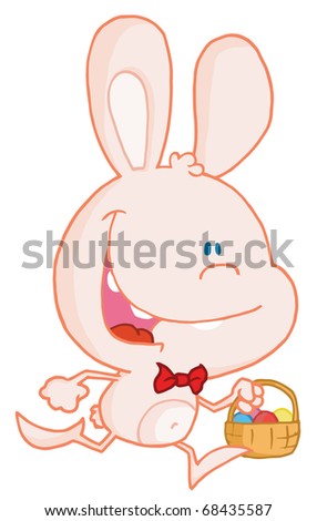 Happy Pale Pink Bunny Running With Easter Eggs In A Basket, On A White Background